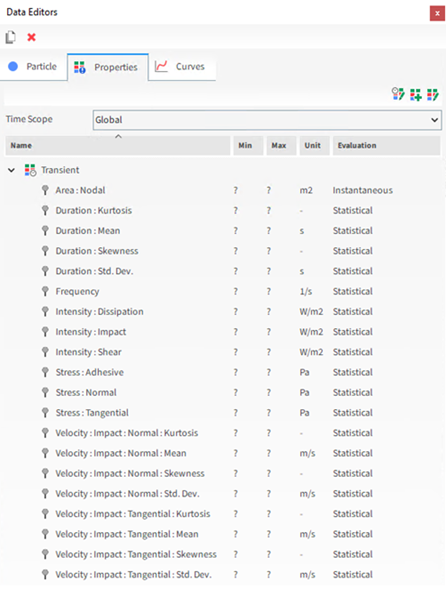 Supported Particle set, Properties options on the Data Editors panel when Intra-particle Collision Statistics are collected