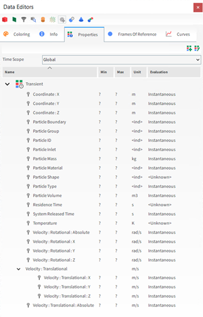 Particles, Standard Property options in the Data Editors panel