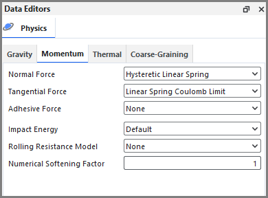 Physics, Momentum parameters in the Data Editors panel