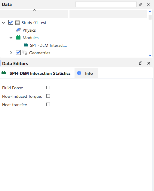 Options in the Data Editors panel when the SPH DEM Interaction Statistics Module is enabled