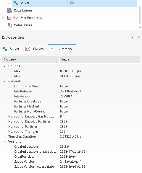 Solver, Summary tab on the Data Editors panel before processing