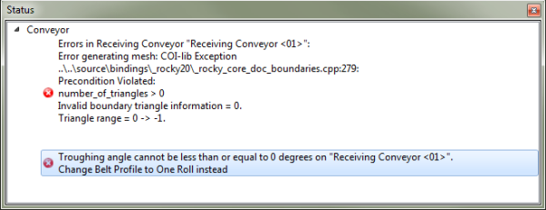 Warning provided in Status panel when Troughing Angle is below the recommended minimum