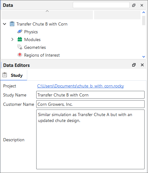 Study parameters in the Data Editors panel (saved project with information entered)