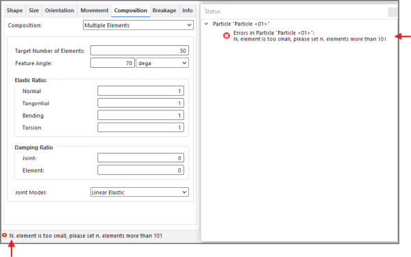 Example error messages shown when a Target Number of Elements value is below the minimum calculated by Rocky