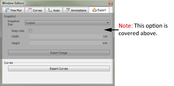 Time Plot, Export Curves settings in the Window Editors panel