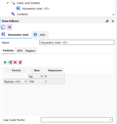 Volumetric Inlet, Particles sub-tab, Data Editors panel