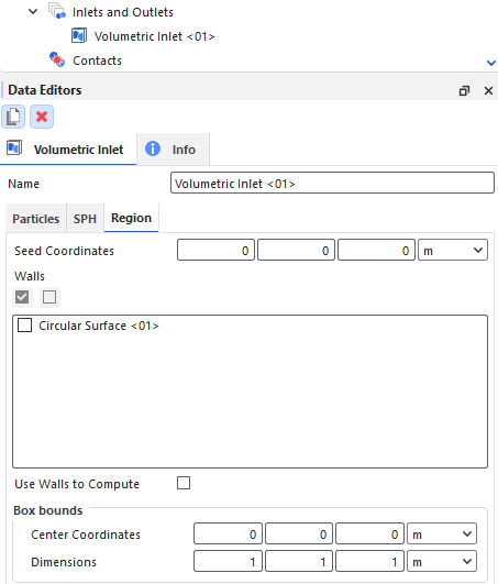 Volumetric Inlet, Region sub-tab, Data Editors panel