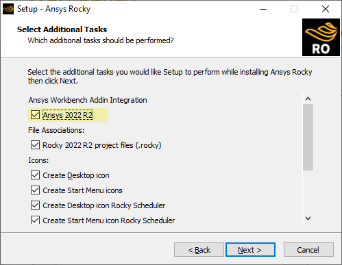 Rocky install screen showing the only available Ansys version selected