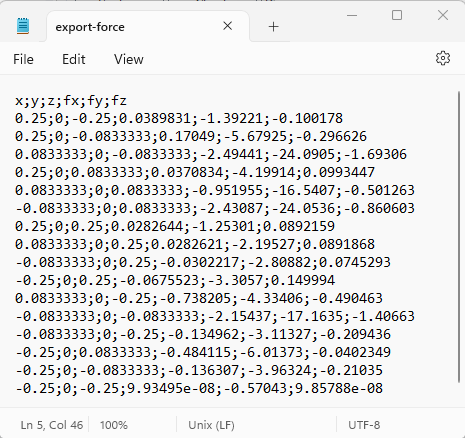Example of force exported CSV file