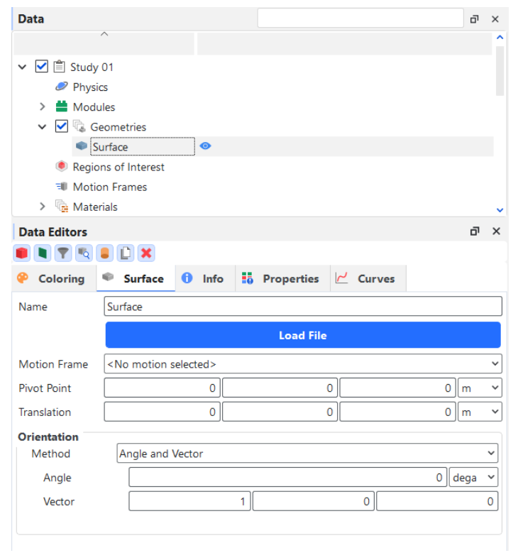 Options available for geometries imported as surfaces