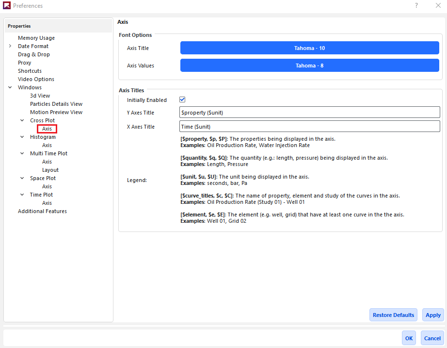 Preferences, Cross Plot Axis (similar for all graphs)