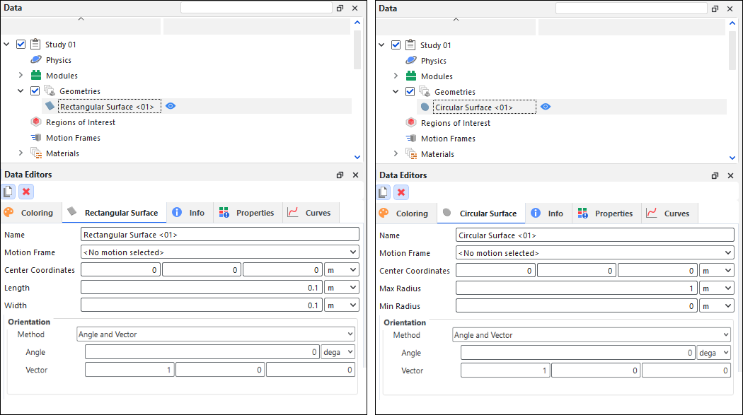 Options available when creating a rectangular or circular surface