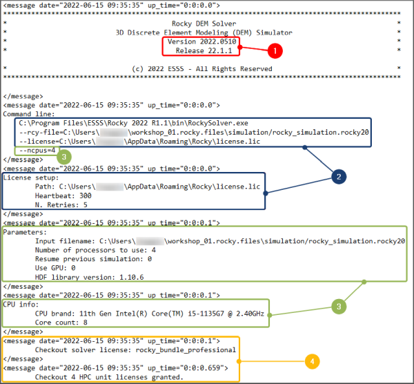 Example simulation log file showing project information