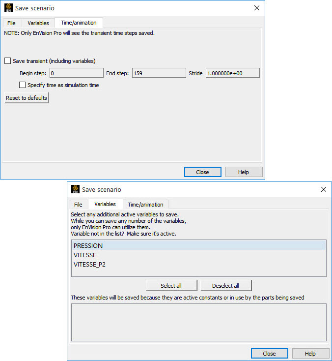 Save Scenario Dialog - Variables and Time/Animation Options Tabs