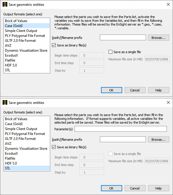 Save Geometric Entities Dialog (Showing Case (Gold) Internal Writer, and STL External Writer)