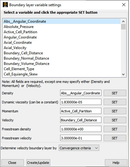 Boundary Layer Variable Settings Dialog