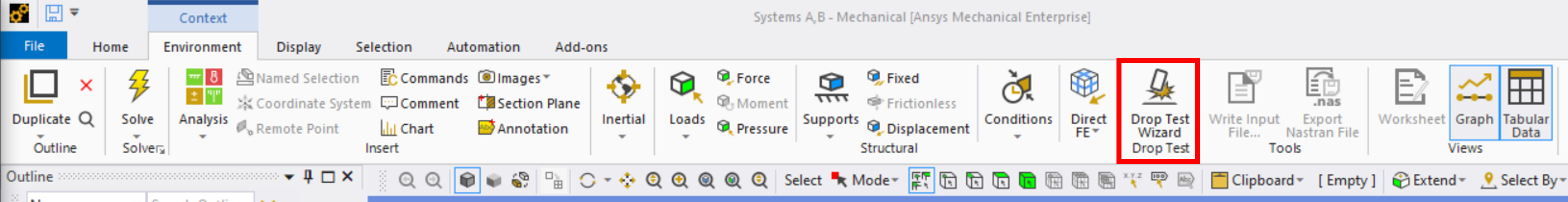 Drop Test Wizard within Mechanical Environment Toolbar