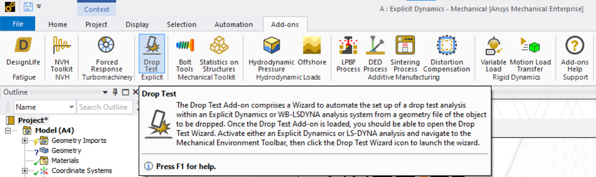 Drop Test Add-on Showing Loaded Status