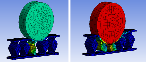 Comparison between the implicit (left) and the explicit (right) solvers for maximum deformation values