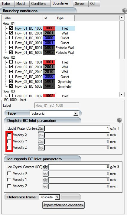 Boundaries Panel in DROP3D-TURBO, with Checkboxes to Activate or Deactivate the Imposition of User-Specified Boundary Conditions