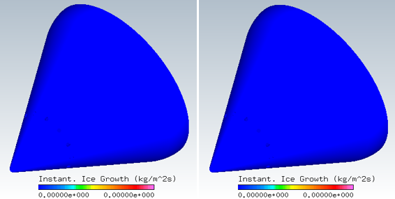 Ice Growth Rate on the Surface (Left: Fluent; Right: FENSAP kw-sst)