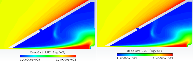 LWC Distribution Inside the Cone (Left: Fluent; Right: FENSAP kw-sst)