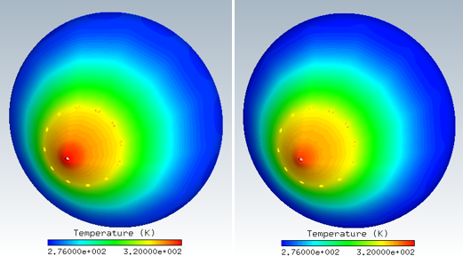 Temperature Contours on the Solid (C3D) (Left: Fluent; Right: FENSAP kw-sst)