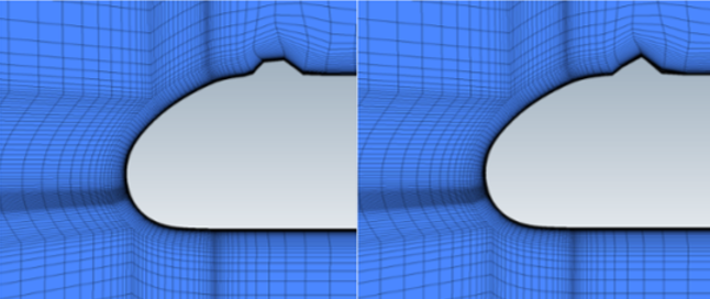 Displaced External Flow Grid with Residual Ice Obtained by Running ICE3D After CHT (Left: Fluent with Roughness; Right: FENSAP kw-sst with Roughness)