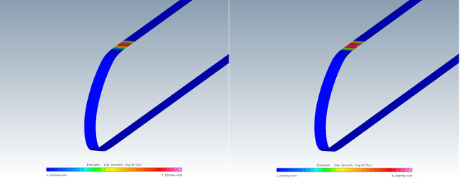 Instantaneous Ice Growth on the External Surface (ICE3D) (Left: Fluent; Right: FENSAP kw-sst – Energy Only)