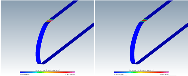 Instantaneous Ice Growth on the External Surface (ICE3D) (Left: Fluent; Right: FENSAP kw-sst – Full Navier-Stokes)