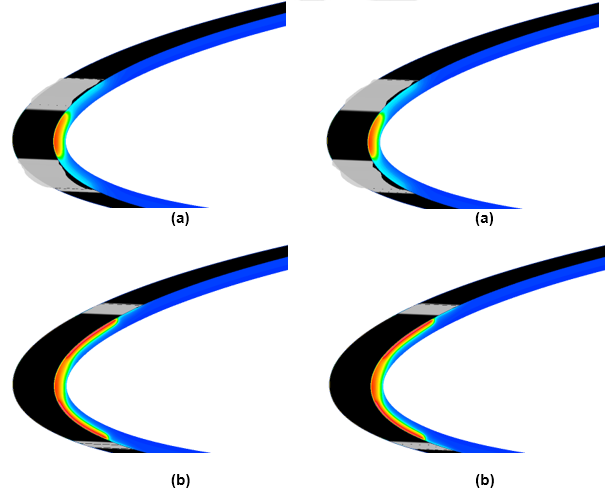 Residual Ice Shape and Solid Temperature at (a) 100, (b) 110, (c) 120 and (d) 220 Seconds; (Left: Fluent; Right: FENSAP)