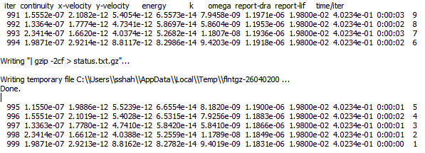 Fluent Transcript Window Displaying Residuals and Monitor Values