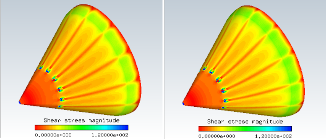 Initial External Airflow Results: Surface Shear Stress (Left: Fluent; Right: FENSAP)