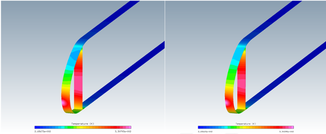 Temperature Contours on the Solid (C3D) (Left: Fluent; Right: FENSAP kw-sst – Energy Only)