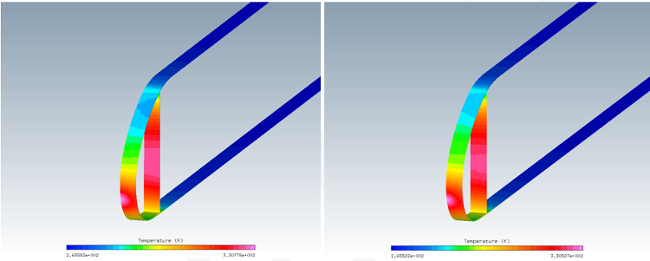 Temperature Contours on the Solid (C3D) (Left: Fluent; Right: FENSAP kw-sst – Full Navier-Stokes)