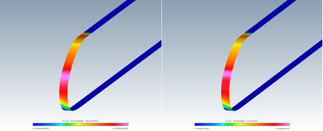 Water Film Thickness on the External Surface (ICE3D) (Left: Fluent; Right: FENSAP kw-sst – Energy Only)