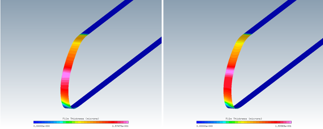 Water Film Thickness on the External Surface (ICE3D) (Left: Fluent; Right: FENSAP kw-sst – Full Navier-Stokes)