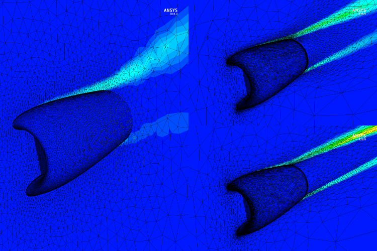 Air Flow Solution (Eddy Viscosity) on the Original (Left) and the Adapted, Opti1 (Top-Right) and Adapted Opti2 (Bottom-Right) Grid