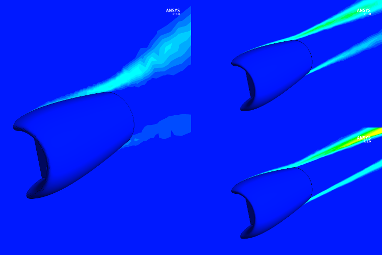 Air Flow Solution (Eddy Viscosity) on the Original (Left) and the Adapted, Opti1 (Top-Right) and Adapted Opti2 (Bottom-Right) Grid, with Grid Lines Not Shown