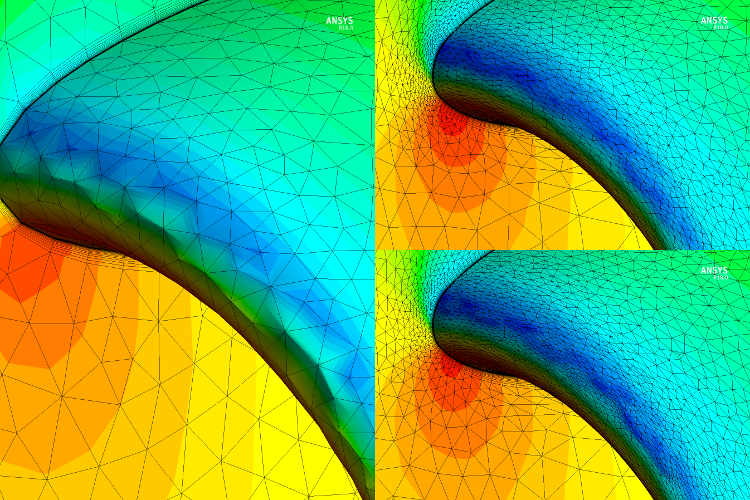 Surface Pressure Contour Shown at a Close up on the Upper Lip on the Original (Left) and the Adapted, Opti1 (Top-Right) and Adapted Opti2 (Bottom-Right) Grid