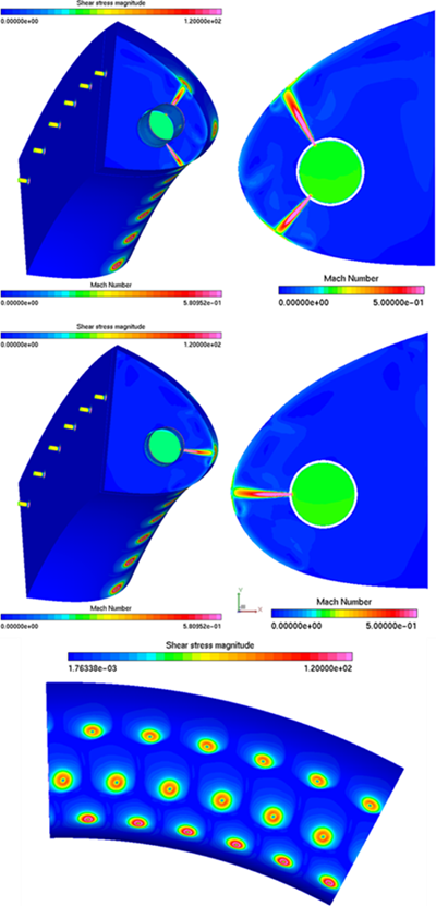 Mach Number Contours and Wall Shear Stress at θ=0.0435 Radian (Top), θ=0 Radian (Bottom)