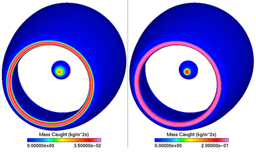 Mass Caught Droplets Only (Left) vs Droplets+Crystals (Right) on the Engine Inlet Cowl & Nosecone