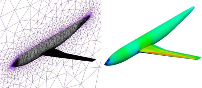 The Grid and the Flow Solution (Mach Number Contours Courtesy of Bombardier Aerospace). The Solution Was Obtained with NSU3D