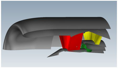 Turbofan Geometry: Nacelle, Nose Cone (Metallic), Fan (Red), Bypass (Yellow), IGV (Green)