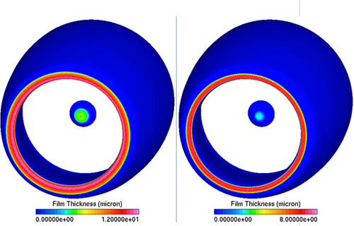 Film Thickness Droplets Only (Left) vs Droplets+Crystals (Right) on the Engine Inlet Cowl & Nosecone