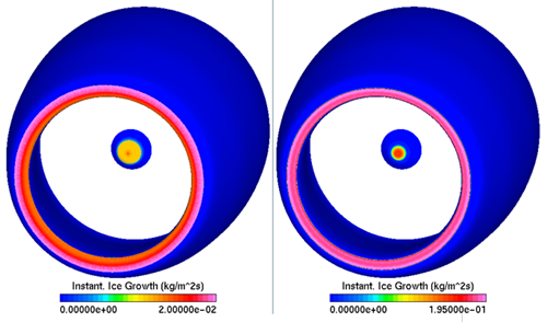 Instant Ice Growth Droplets Only (Left) vs Droplets+Crystals (Right) on the Engine Inlet Cowl & Nosecone