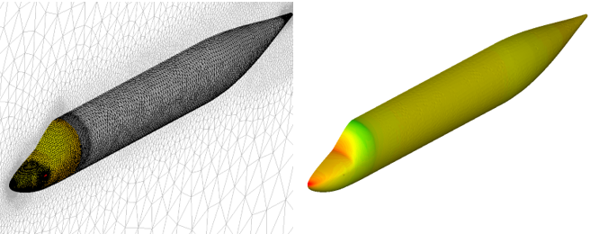 Grid of the Fuselage of a Commercial Business Jet (Left) and Its Surface Pressure Contour (Right)