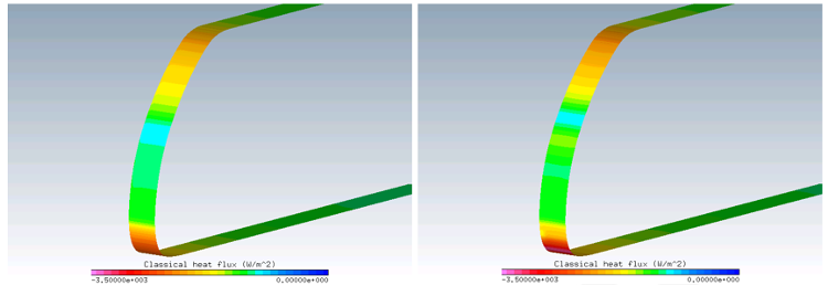 Initial External Airflow Results: Surface Heat-flux (Left: Fluent; Right: FENSAP)