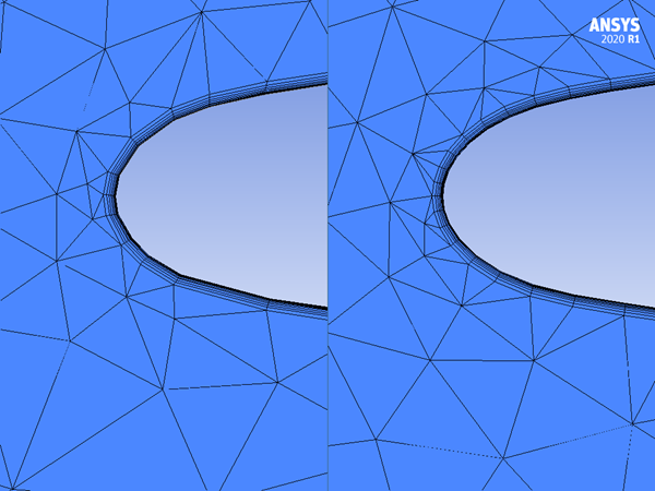 Detail of the Leading Edge of the Initial (Left) and Smoothed (Right) Grids at the Symmetry Plane, Showing Improvements in Grid Orthogonality and on the Curvature