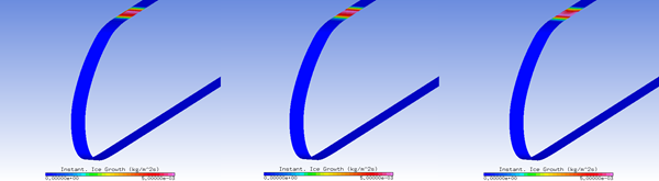 Instantaneous Ice Growth on the External Surface (ICE3D) (Left: CFX; Middle: Fluent; Right: FENSAP)